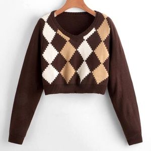 V Neck Argyle Pattern Sweater